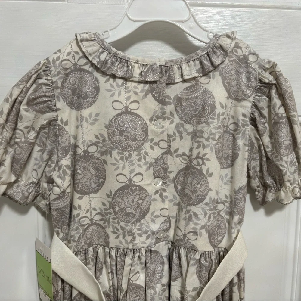 Le’ Za Me Girls Glisten Dress 6X Beige Taupe Holiday Bow Puff Sleeve NWT